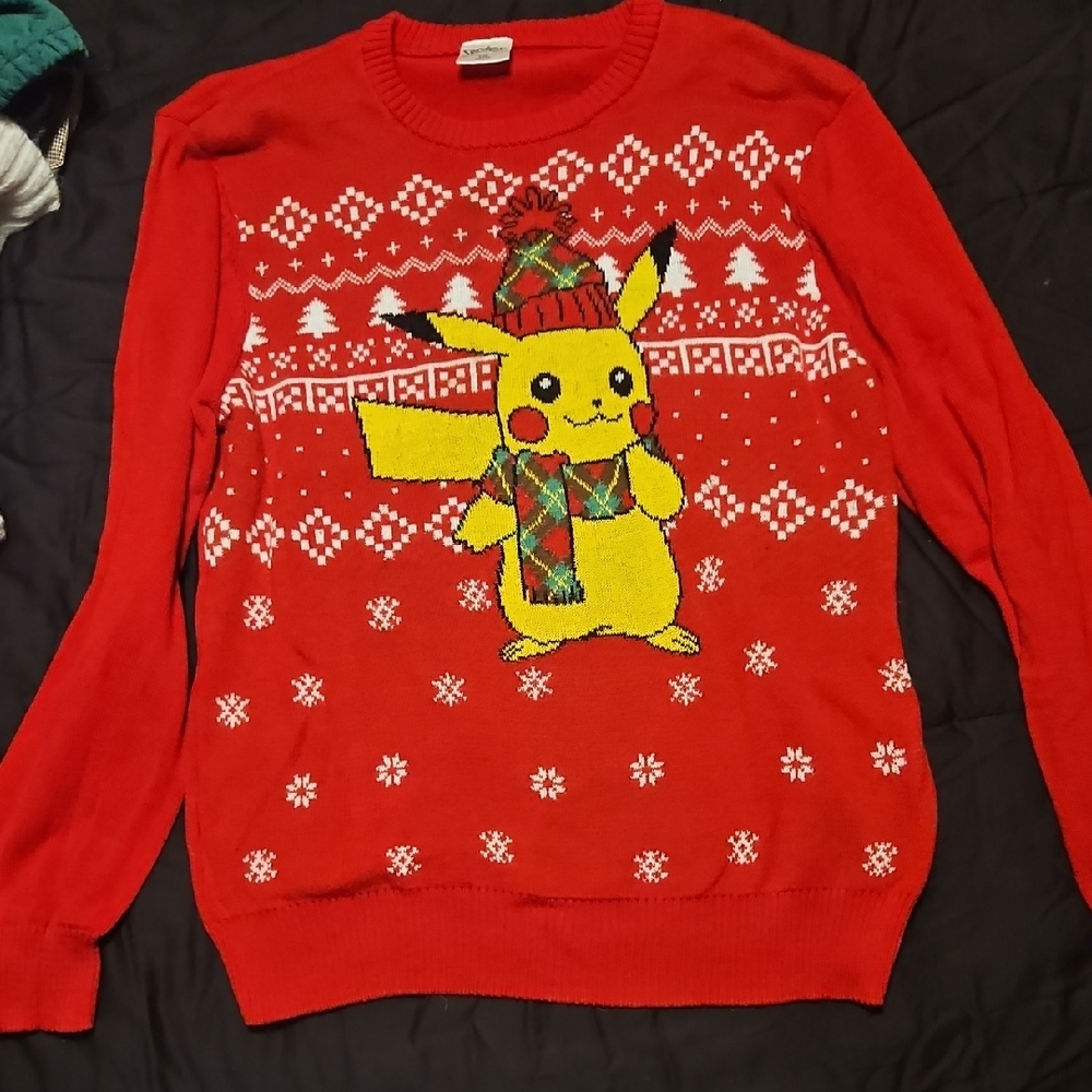 Red Crewneck Pikachu Christmas Sweater with Nordic Pattern
